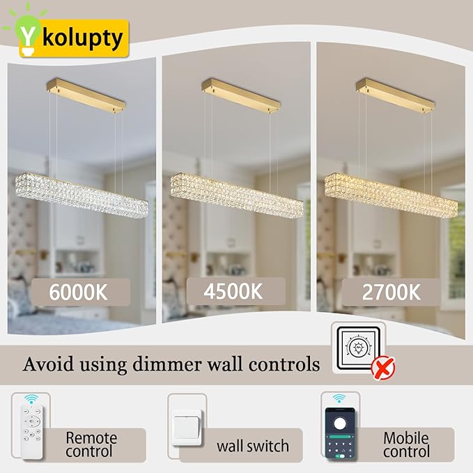 ykolupty Rectangle Crystal Chandelier Modern Gold Crystal Chandelier Rectangular Pendant Lighting Fixture for Dining Room Kitchen Island Bedroom (L 40")