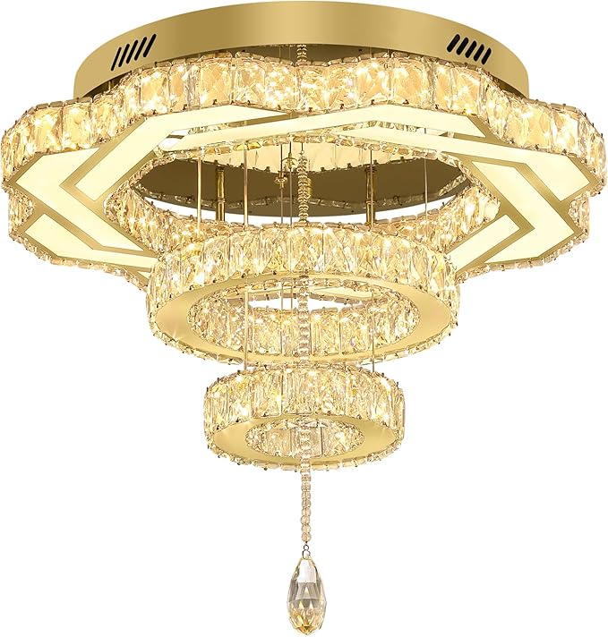Flashing God Modern Crystal Chandeliers Dia 24" Gold Ceiling Chandelier Flush Mount Crystal Ceiling Light for Bedroom Living Room Dining Room Hallway LED Dimmable