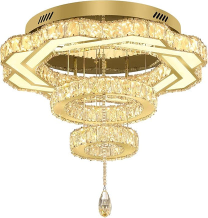 Flashing God Modern Crystal Chandeliers Dia 24" Gold Ceiling Chandelier Flush Mount Crystal Ceiling Light for Bedroom Living Room Dining Room Hallway LED Dimmable