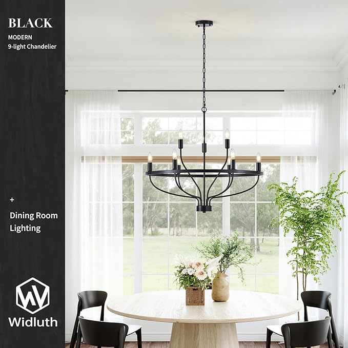 Industrial 30" Black Chandelier Vintage 9-Lights Farmhouse Candle Style Black Chandeliers Light Fixture Retro Modern Black Chandelier for Dining Room, Kitchen Island, Living Room, Bedroom, E12