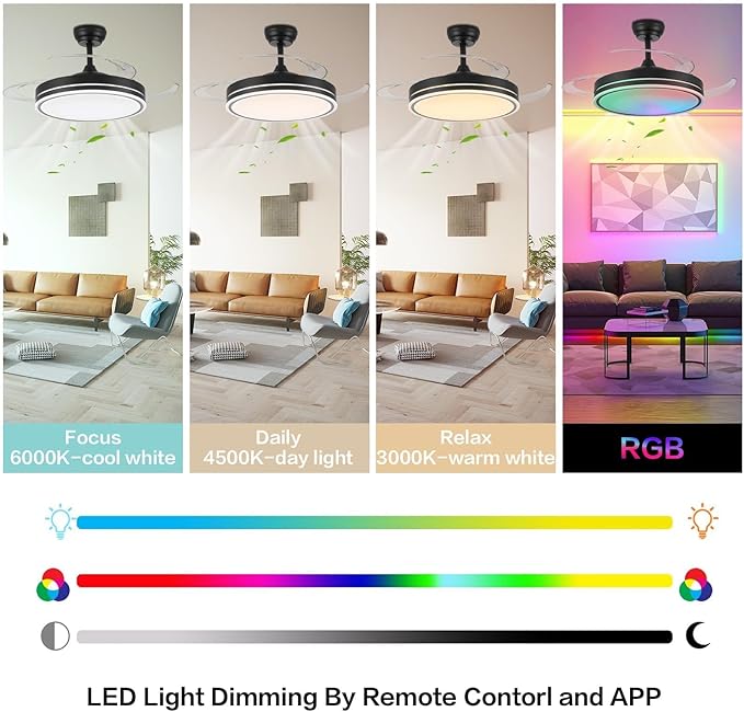 36" RGB Fandelier Light, Bluetooth Black Modern Ceiling Fan - 6 Speed Silent Reversible Blade, Remote/APP Control, Dimmable LED for Dining Living Room, Bedroom Kitchen