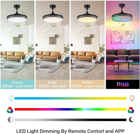 36" RGB Fandelier Light, Bluetooth Black Modern Ceiling Fan - 6 Speed Silent Reversible Blade, Remote/APP Control, Dimmable LED for Dining Living Room, Bedroom Kitchen