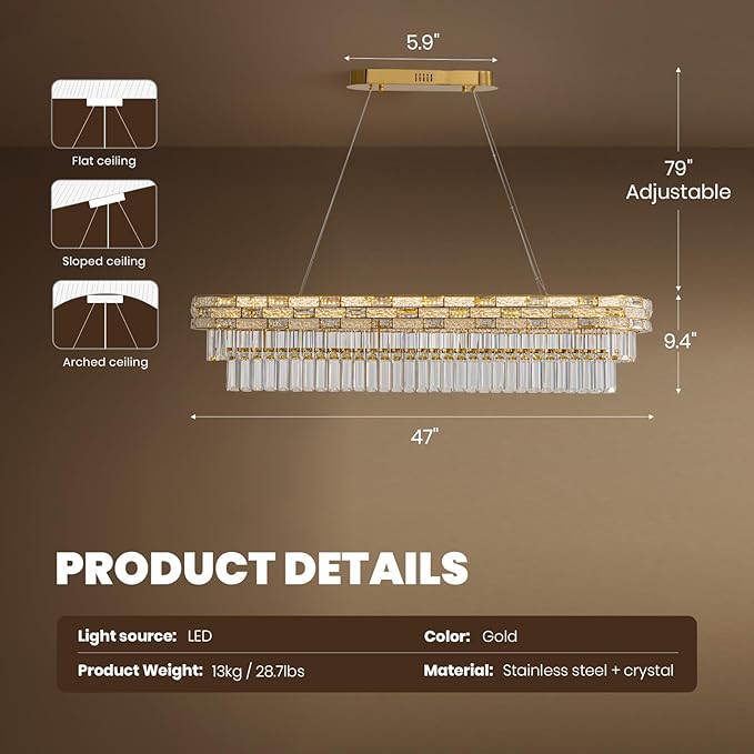 47.2" L Modern Crystal Chandelier, Gold Large Chandeliers for Dining Room, K9 Luxury Chandelier, Pendant Light Fixture, LED Chandelier for Living Room Kitchen Island Entryway