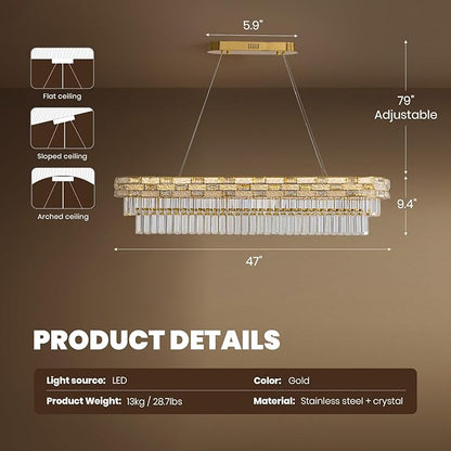47.2" L Modern Crystal Chandelier, Gold Large Chandeliers for Dining Room, K9 Luxury Chandelier, Pendant Light Fixture, LED Chandelier for Living Room Kitchen Island Entryway