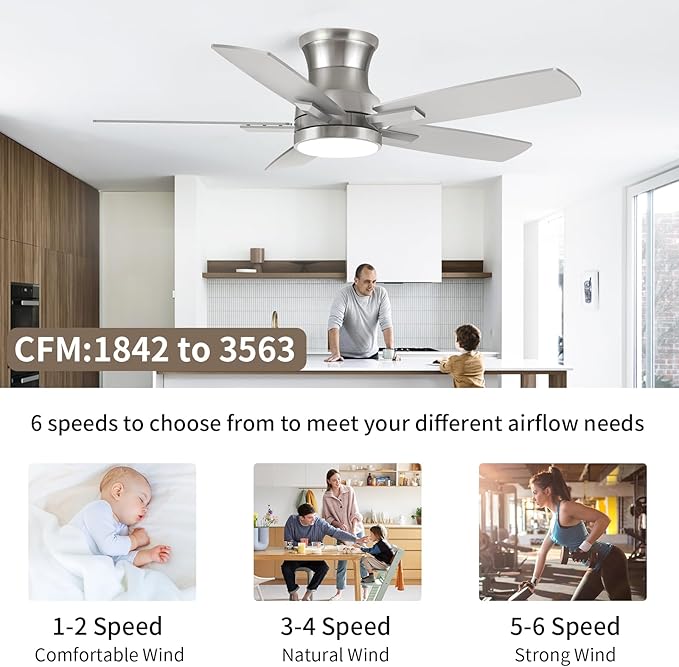 42 Inch Flush Mount Brushed Nickel Ceiling Fan with Light and Remote Control.Noiseless,Dimmable,3CCT,6 Speeds Reversible, Low Profile DC Ceiling Fans for Indoor or Covered Outdoor Use,ETL Listed