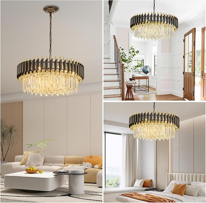 24" Modern Black and Gold Crystal Chandelier for Dining Room,5-Tier 8 Lights K9 Crystal Round Ceiling Light Fixture,Large Pendant Lighting Chandeliers for Living Room Entryway Foyer