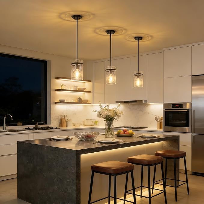 1 Pack Seeded Glass Pendant Lights Kitchen Island, 5.5" Hanging Farmhouse Pendant Light Fixtures, Black Pendant Lighting Island Lights for Kitchen Over Sink Entryway Hallway