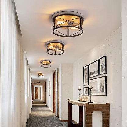 Q&S Flush Mount Ceiling Light Fixture Farmhouse Rustic Oak White and ORB Lighting for Hallway Entryway Kitchen Dining Room Bedroom Garage Gazebo Locker 2 Lights UL Listed