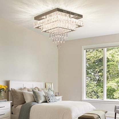 Finktonglan Crystal Chandeliers, 13'' Modern LED Chandelier Ceiling Light with Multilayer Crystal, Square Flush Mount Ceiling Light for Dining Room Bedrooms Entryway Living Room (Multicolor)