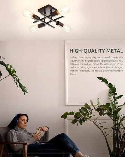 Industrial 4-Light Semi Flush Mount Ceiling Light Fixture, Farmhouse Oil Rubbed Bronze Chandelier Lighting, Modern E26 Base Sputnik Ceiling Lamp for Kitchen Living Room Hallway Entryway