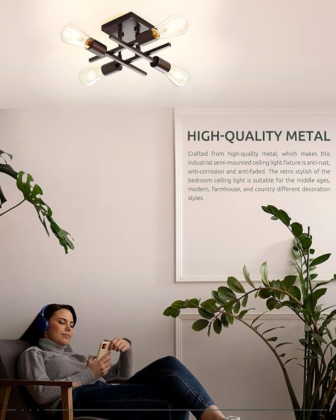Industrial 4-Light Semi Flush Mount Ceiling Light Fixtures, Farmhouse Oil-Rubbed Bronze Chandelier Lighting, Modern E26 Base Sputnik Ceiling Lamps for Living Room Hallway, 2 Pack