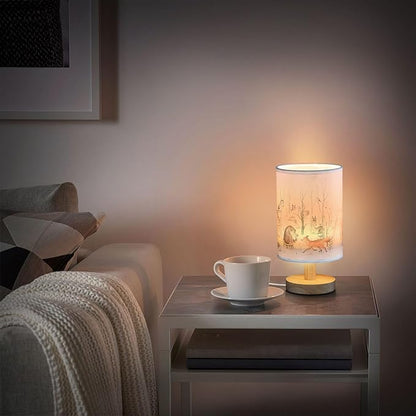Woodland Animal Bear Fox Deer Owl Hedgehog Bird Bunny Forest Tree Table Lamp with Wood Base Fabric Lamp Shade Bedside Nightstand Desk Lamp for Living Room Bedroom Kids Room Office