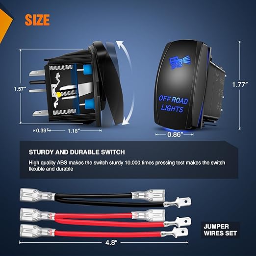 Nilight Off Road Lights Rocker Switch Led Light Bar 5 Pin Laser On SPST Switches 20A/12V 10A/24V Blue with Jumper Wires Set for Cars Trucks Boats ATVs UTVs RVs