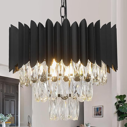A AXILIXI Crystal Chandeliers Contemporary Small 16” Black Ceiling Pendant Light Fixture 3 Tiers Flush Mount Round Chandeliers Vintage for Dining Room Foyer Kitchen Entryway