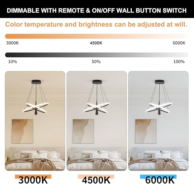 ORANOOR Modern LED Chandelier, Dimmable 20in Black Kitchen Pendant Light Fixture Dining Room Lights Ceiling Hanging, 2 Ring Round Chandeliers for Bedroom Living Room Staircase Over Table (3360lm)