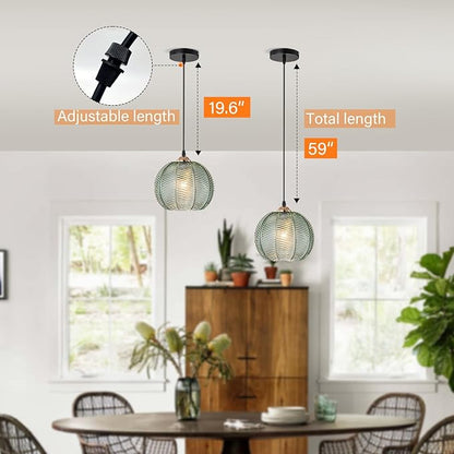 2 Pack Green Pendant Lights Kitchen Island, 8.6" Mid Century Modern Pendant Light Fixtures, Ribbed Glass Adjustable Farmhouse Hanging Lights for Dining Room Bedroom Hallway Entryway