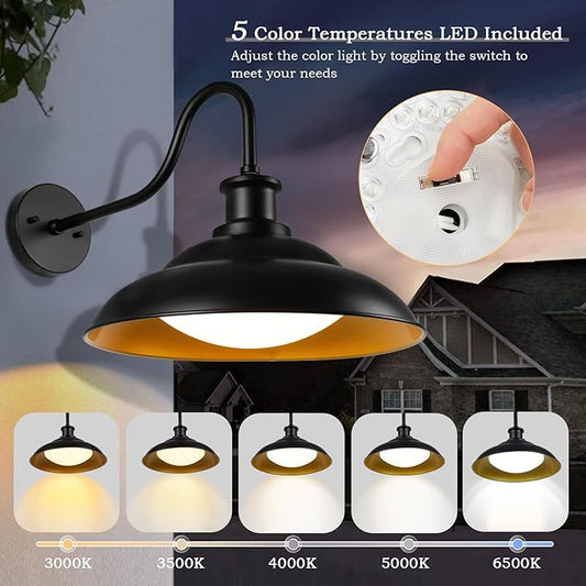 Outdoor LED Barn Lights, 16 Inch Large Farmhouse Exterior Wall Mount Light with 5 Color Temperatures Industrial Black Porch Light Outside for Garage Doorway, 2 Pack