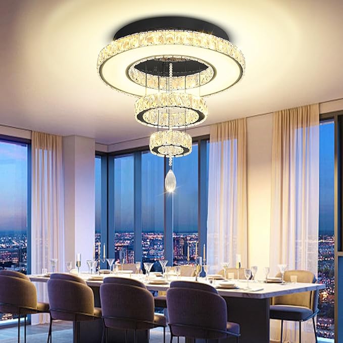 Flashing God Dia 20" Crystal Chandeliers Black Modern Living Room Chandelier LED Crystal Ceiling Light Flush Mount Chandelier for Bedroom Dining Room Entryway