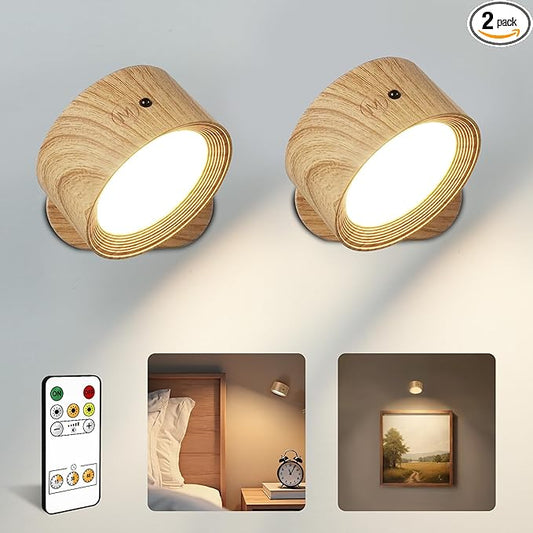 LED Wall Mounted Lights, Rechargeable Wall Sconces Lamp, 3 Color Temps & Remote and Touch, 360°Rotation Dimmable Cordless Wall Light for Study Bedroom Reading Bedside(Wood, 2 Pack)