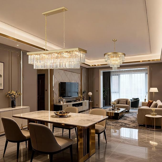 Weesalife Crystal Chandeliers for Dining Room Light Fixtures Over Table，15-Lights Gold Modern Rectangle Chandeliers for Kitchen Island Bar