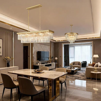 Weesalife Crystal Chandeliers for Dining Room Light Fixtures Over Table，15-Lights Gold Modern Rectangle Chandeliers for Kitchen Island Bar