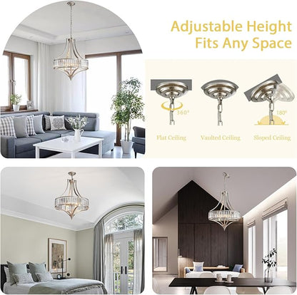Brushed Nickel Chandeliers for Dining Room, 22 Inch Crystal Light Fixture 6-Light Modern Round Large Chandeliers for Kitchen Hallway Bedroom Foyer Hall Adjustable Height Hanging Light