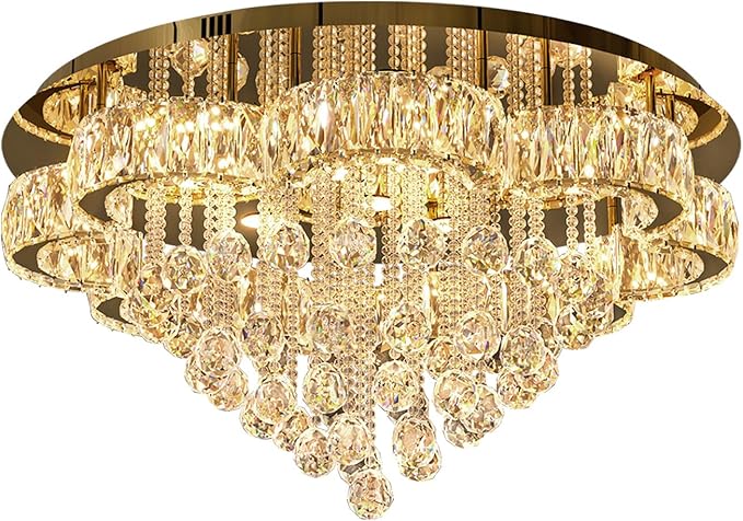 W32in Crystal Ceiling Chandelier Modern Gold Chandeliers Raindrop Crystal Ceiling Lighting Fixture Flush Mount Chandelier for Living Room Hallway Dining Room Kitchen Bedroom