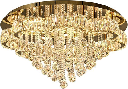 W32in Crystal Ceiling Chandelier Modern Gold Chandeliers Raindrop Crystal Ceiling Lighting Fixture Flush Mount Chandelier for Living Room Hallway Dining Room Kitchen Bedroom