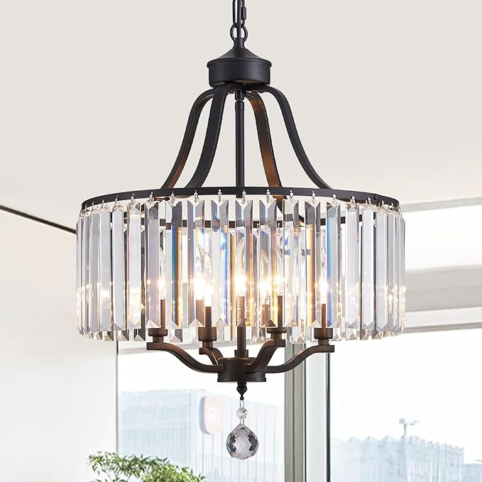 Black Crystal Chandeliers for Dining Room, 4-Light Modern Round Chandeliers 15.7" for Living Room Kitchen Hallway Bedroom Foyer Hall, Adjustable Height Hanging Light Fixture