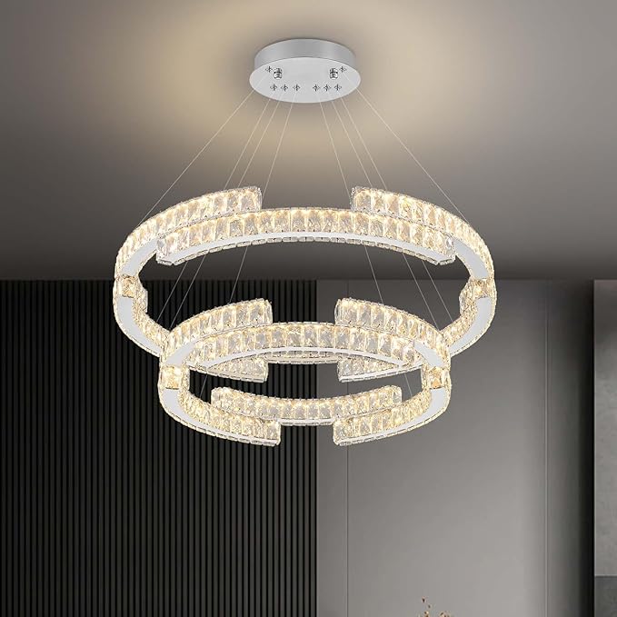 D32''+D20'' Modern 2 Ring Crystal Chandelier for Living Room Dining Room Ring Pendant Light Foyer Entrance Chandeliers LED Dimmable 3000-6000K