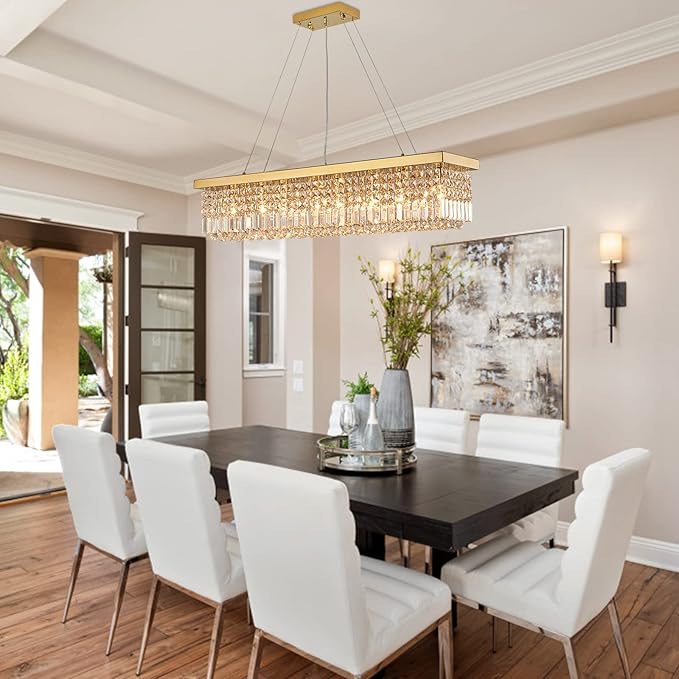 7PM Rectangle K9 Crystal Chandelier Modern Gold Crystal Chandelier Rectangular Pendant Lighting Fixture for Dining Room Kitchen Island Bedroom L40'' x W10'' x H10''