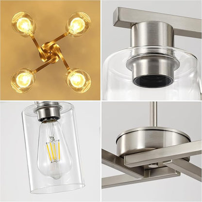 4-Light Brushed Nickel Dining Room Light Fixture, Modern Industrial Kitchen Chandelier Over Table, Adjustable Height Hanging Pendant Light for Kitchen Island, Entryway with Clear Glass Shade