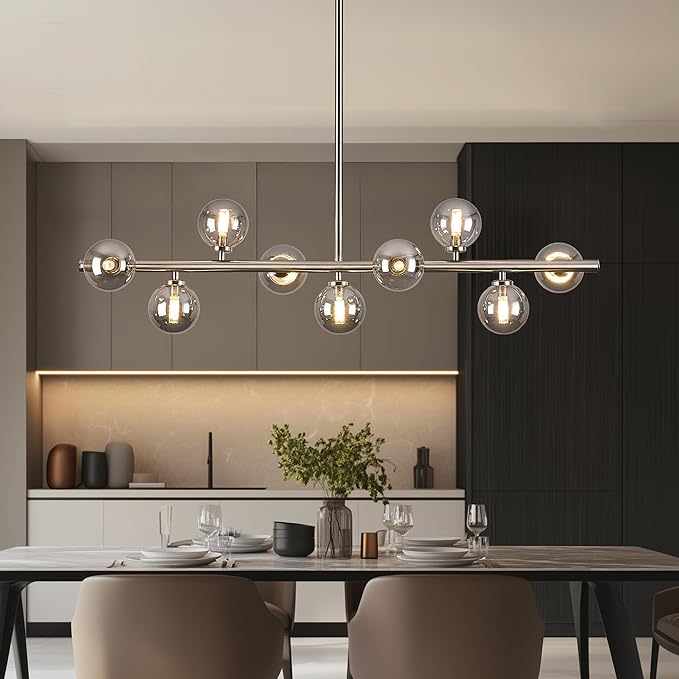 Mid Century Modern Globe Sputnik Chandelier, 9-Light Linear Chandeliers for Dining Room and Kitchen Island, Dining Light Fixture Over Table, Nickel and Smoke Grey Glass Bubble, 40 Inch