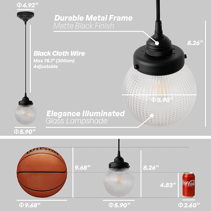 Vintage Ceiling Pendant Light with Clear Ribbed Glass Lampshade, Farmhouse Kitchen Island Hanging Light Fixture for Dining Room Hallway Entryway