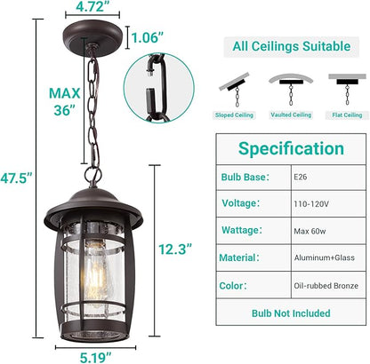 LOUSACE 1-Light Outdoor Pendant Light for Porch - Oil Rubbed Bronze Outdoor Chandelier Lantern Waterproof Aluminum Exterior Hanging Porch Light with Seeded Glass for Entrance, Gazebo, Patio, ETL List
