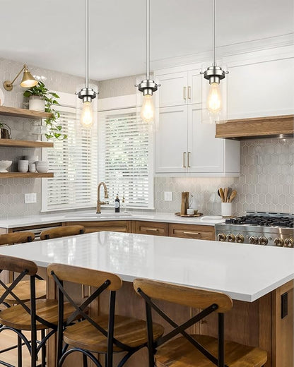 EAPUDUN Pendant Light Fixtures, Brushed Nickel Finish Kitchen Lights Ceiling, Clear Glass Pendant Lights Kitchen Island-PDA1353-A-BNK
