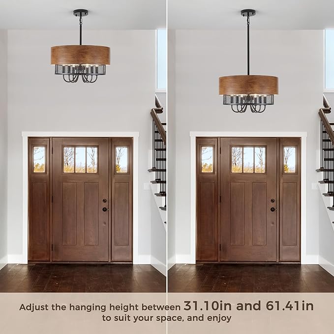 Farmhouse Drum Chandelier for Dining Room, 18" Rustic Black Chandelier with Wood Grain Finish, 6-Light Round Drum Hanging Chandelier Light Fixture for Entryway, Foyer, Living Room, Kitchen, Bedroom