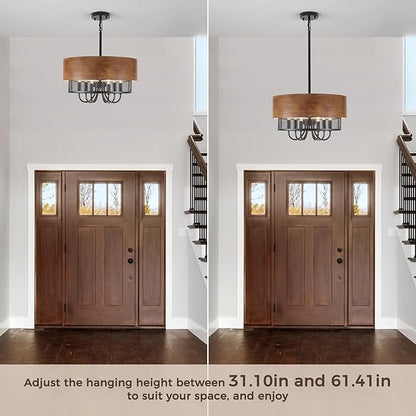 Farmhouse Drum Chandelier for Dining Room, 18" Rustic Black Chandelier with Wood Grain Finish, 6-Light Round Drum Hanging Chandelier Light Fixture for Entryway, Foyer, Living Room, Kitchen, Bedroom