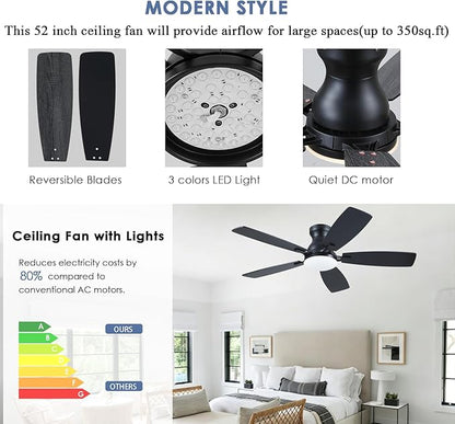 NKPU Ceiling Fans with Lights, Low Profile Ceiling Fan with Light and Remote/APP Control, DC Motor, Noiseless, Flush Mount, 46inch Black Ceiling Fan for Bedroom Indoor/Outdoor Use