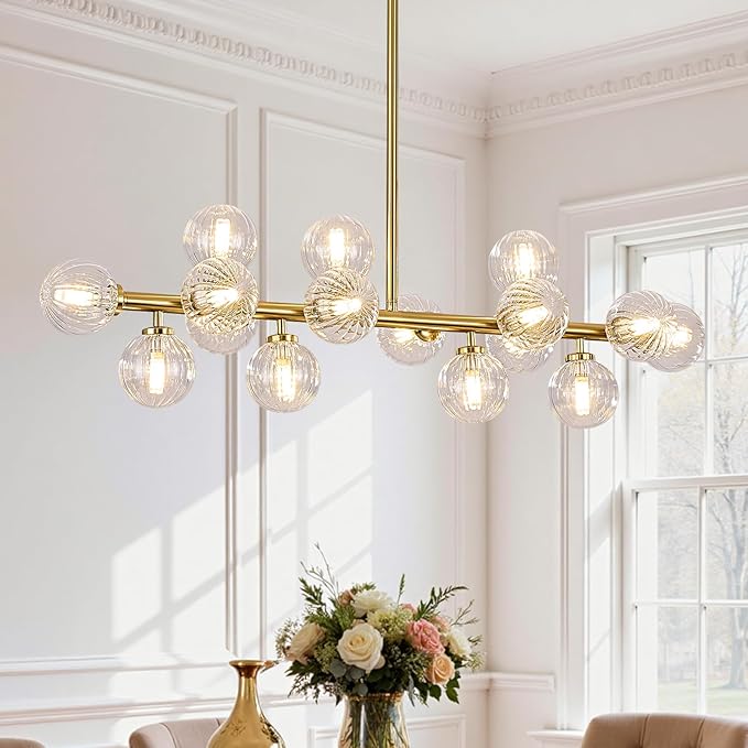 16-Light Globe Sputnik Chandelier, Linear Dining Room Light Fixture Over Table, Mid Century Modern Gold Chandeliers for Dining Living Room, Kitchen Island Lighting (Clear Bubble, 40 Inch)