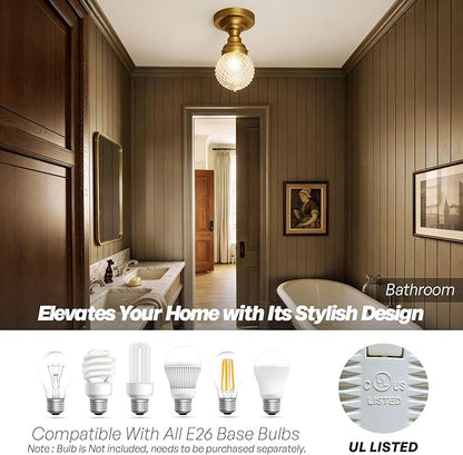 Schoolhouse Semi Flush Mount Ceiling Light, Brass Gold Close to Ceiling Light Fixtures with Hand-Blown Glass Shade Modern Hallway Ceiling Lamp for Laundry Entryway Kitchen Bathroom E26