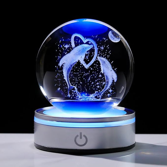 Crystal 3D Dolphins 3.15in Ball Figurine Gifts for Women, Collectible Glass Animal Art for Room with LED Light Base Keepsakes for Dolphin Lovers Home Decor Paperweight