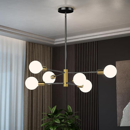 6-Light Black and Gold Mid Century Ceiling Chandelier Height Adjustable for Living Room, Kitchen, Dining Room, Bedroom,Foyer (Bulbs Not Included)