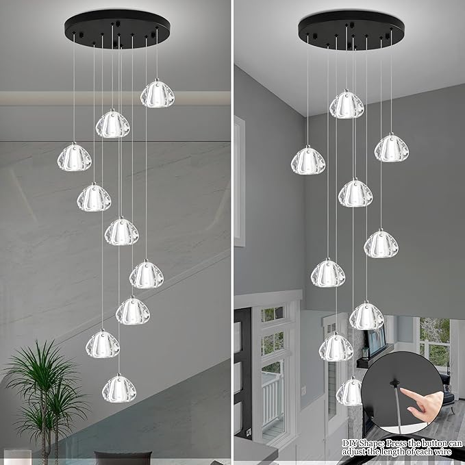 Modern Crystal Chandelier 9-Lights High Ceiling Raindrop Chandelier Lighting Fixture, LED Round Indoor Lighting Fixture Black for Foyer Staircase Living Room