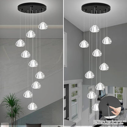 Modern Crystal Chandelier 9-Lights High Ceiling Raindrop Chandelier Lighting Fixture, LED Round Indoor Lighting Fixture Black for Foyer Staircase Living Room