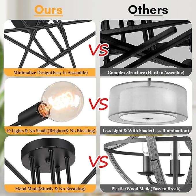 Modern Sputnik Chandelier 10-Light Industrial Ceiling Lights Fixture 31.5" Black Semi Flush Mount Ceiling Light with E26 Base Sputnik Lights Fixture for Dining Room Bedroom Foyer Hallway Living Room