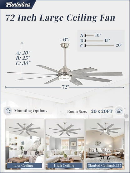 Fanbulous 72 Inch Ceiling Fans with Lights, Large Farmhouse Ceiling Fans with Remote, Walnut&Gray Ceiling Fan Fixtures with Bright LED Light for Living Room, Bedroom, Kitchen