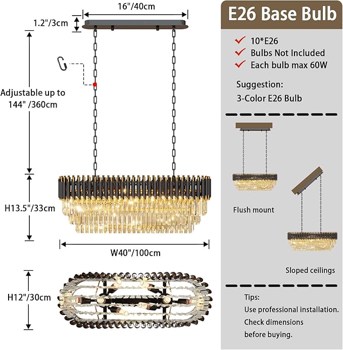 40" 10-Light Modern Black Gold Crystal Chandelier, Luxury Rectangular Raindrop Pendant Light Fixture for Dining Room, Kitchen Island, Living Room, Farmhouse Ceiling Lighting