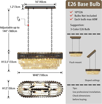40" 10-Light Modern Black Gold Crystal Chandelier, Luxury Rectangular Raindrop Pendant Light Fixture for Dining Room, Kitchen Island, Living Room, Farmhouse Ceiling Lighting