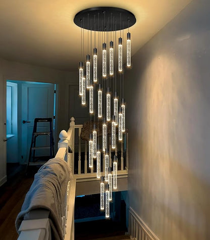 HAIXIANG 13 Foot High Ceiling Chandelier for Entryway Modern Crystal Lights for Living Room Foyer Flush Mount Sloping Ceiling Pendant Light Fixture Remote Dimmable 24-Lights Black